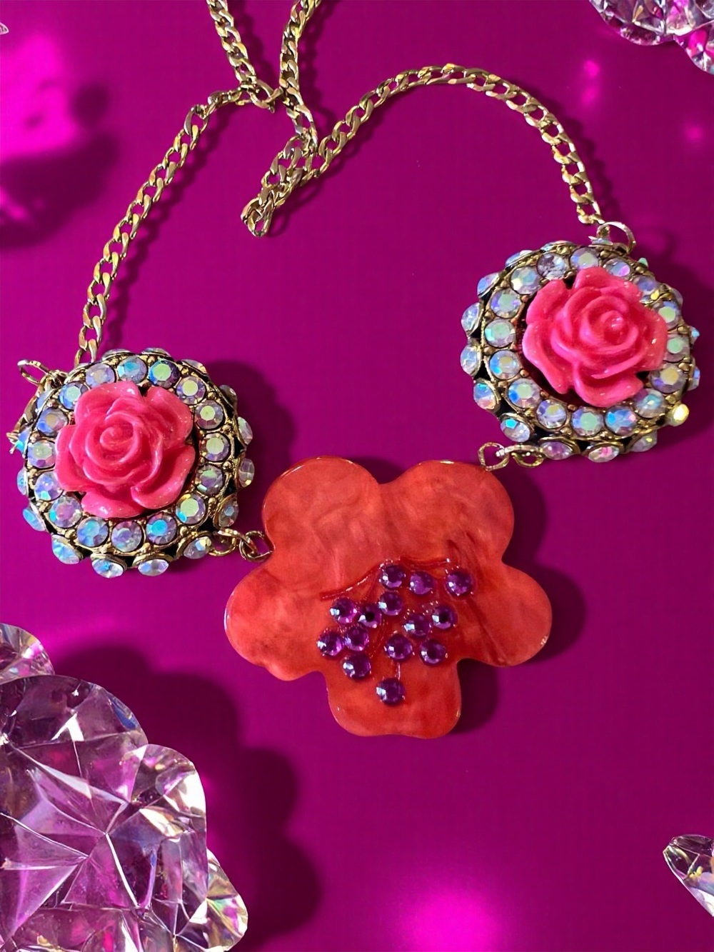 Gold-tone Necklace with Pink Coral Orange Rhinestone Accents